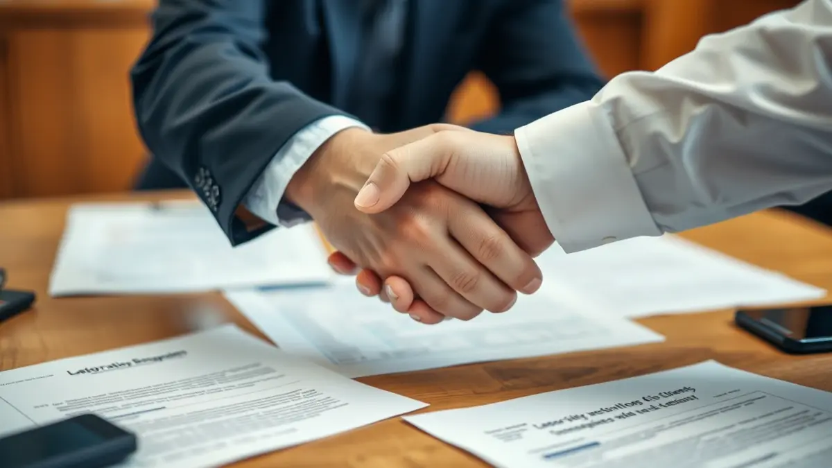 Generic image of a labor negotiation scene, with hands shaking over a desk.