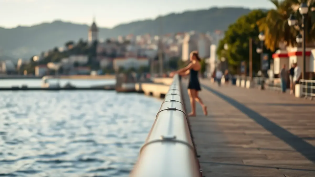 Generic image of a long ballet barre on a coastal promenade, with afternoon light.