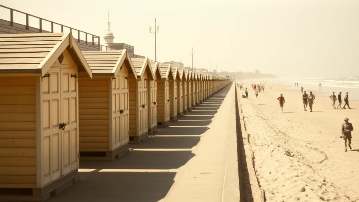 Donostiako Kontxako hondartzako kabina zaharren irudi historikoa, 1920ko hamarkadan.