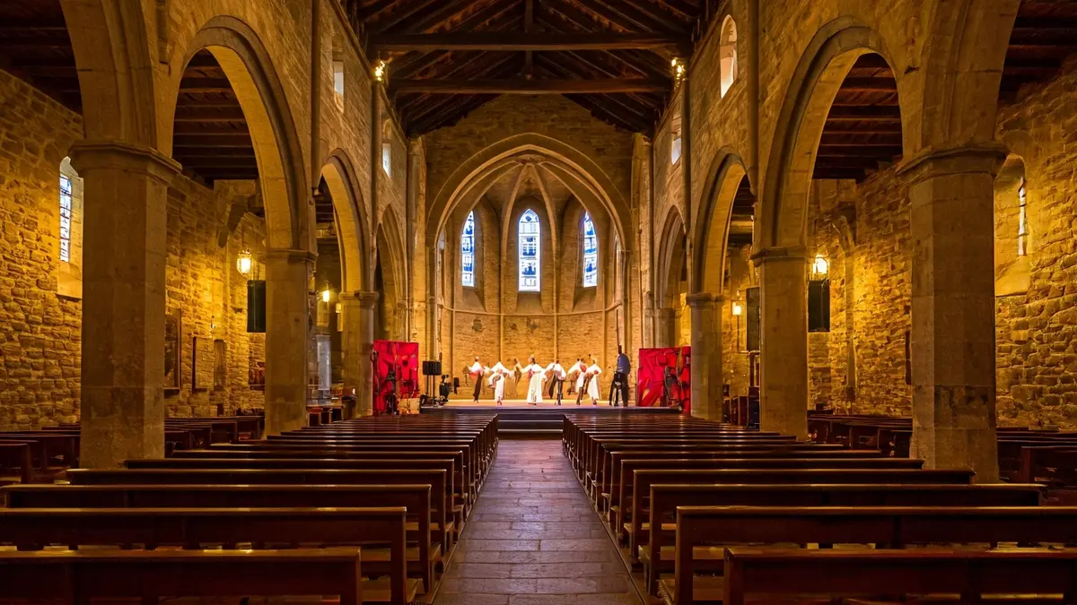 Interior of Aginaga's Old Church, set up for a dance performance.
