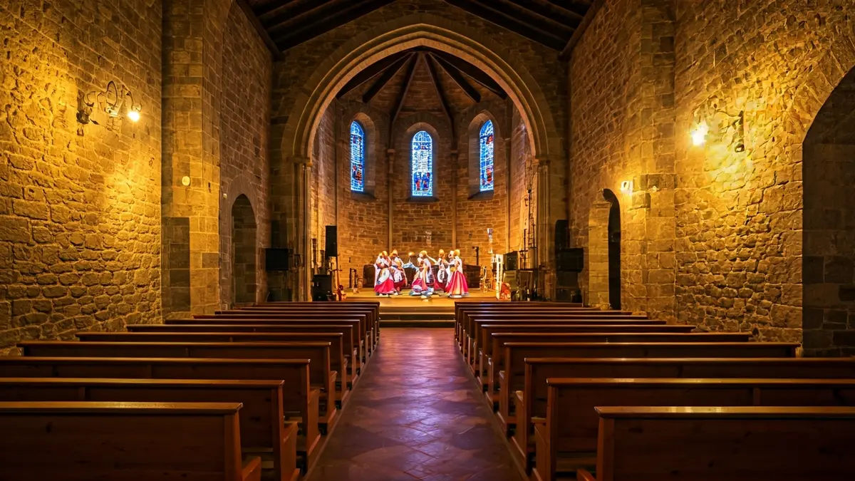 Aginagako Eliza Zaharraren barrualdea, dantza emanaldi baterako prestatuta.