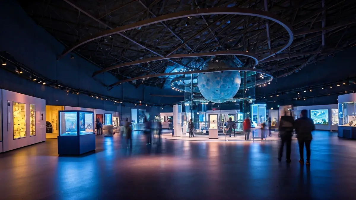 Irudi generikoa zientzia museo baten barrualdekoa, erakusketa interaktiboekin eta planetario kupula batekin atzealdean.