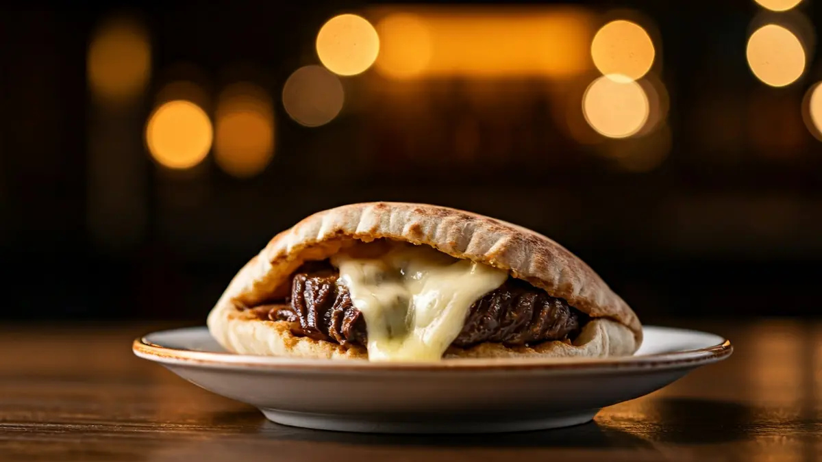 Close-up image of a gourmet pita bread filled with stewed beef and gouda cheese, presented in a gastrobar.