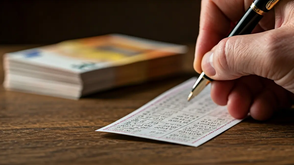 Irudi generikoa loteria txartel baten eta euro billeteen, zortea eta aberastasuna irudikatuz.