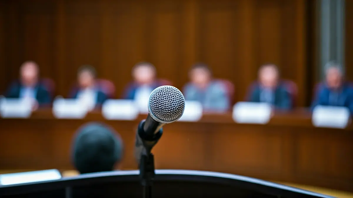 Irudi generikoa bilera formal bateko mikrofono batena, atzealdean pertsona lausoak dituela.