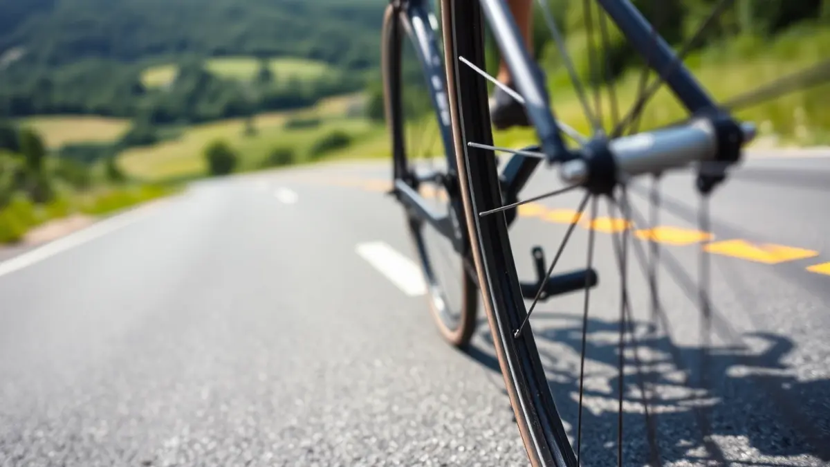 Imagen genérica de una rueda de bicicleta y parte de un cuadro en una carretera asfaltada, con un paisaje verde difuminado al fondo.