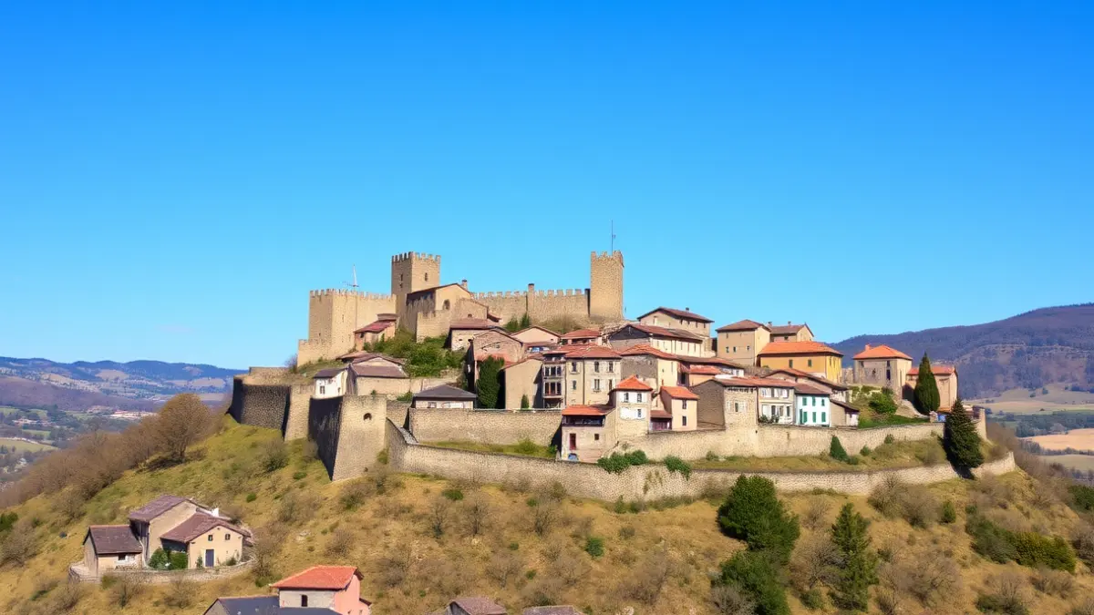 Irudi generikoa Erdi Aroko herri gotortu baten harresiekin eta arkitektura tradizionalarekin.