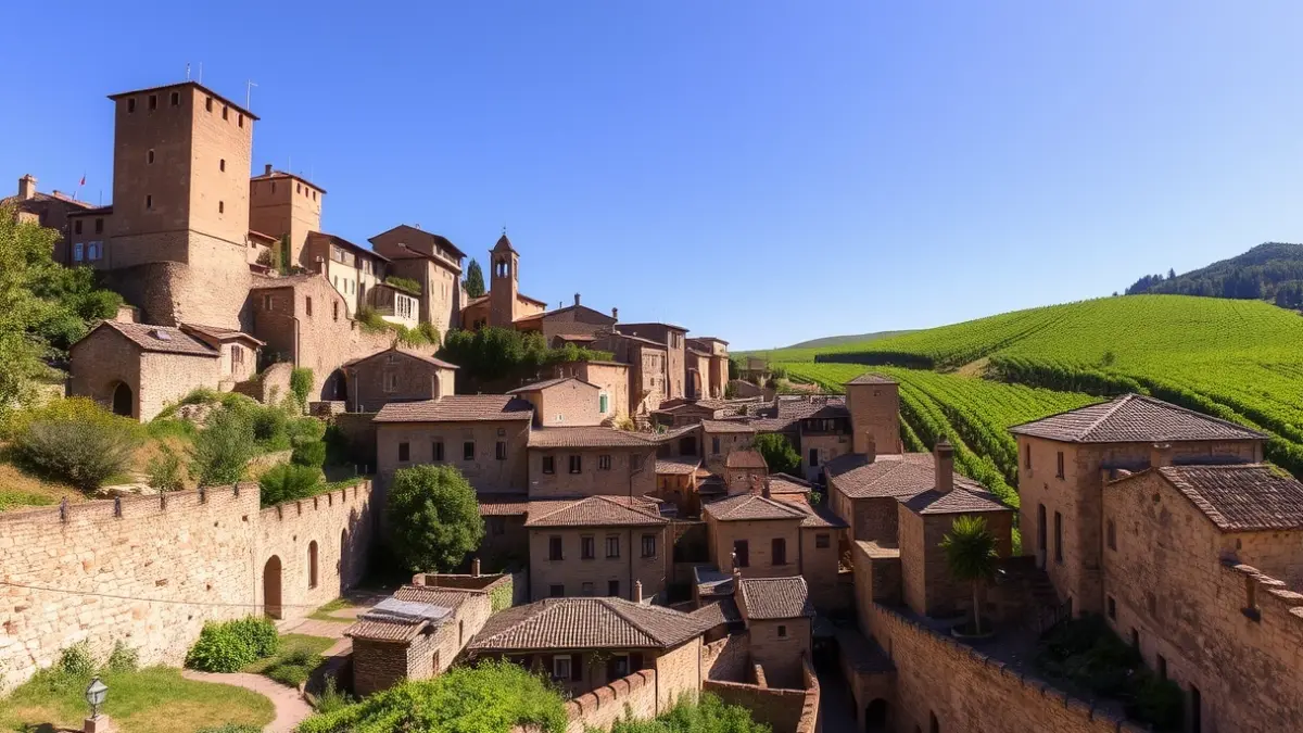 Laguardia herriaren irudi panoramikoa, mahastiz inguratuta.