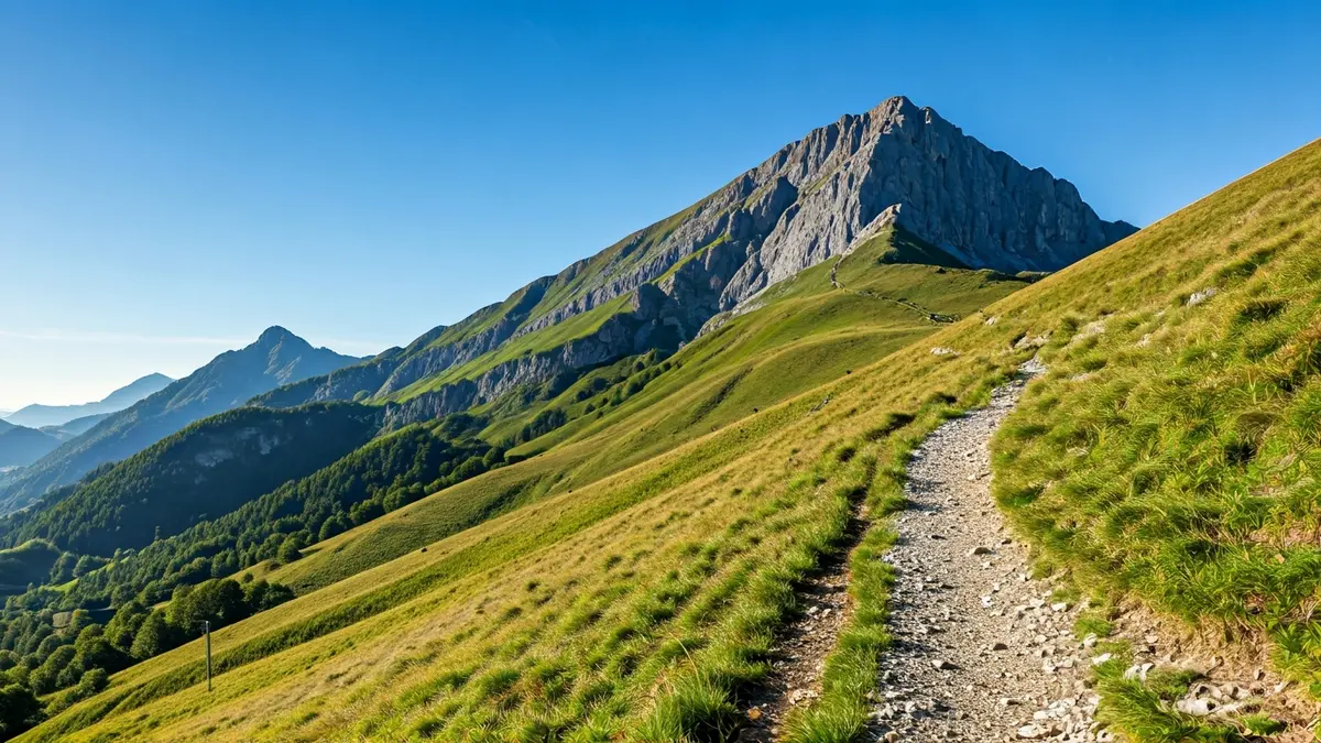 Generic image of a mountain trail in Euskadi, with green peaks and blue sky.