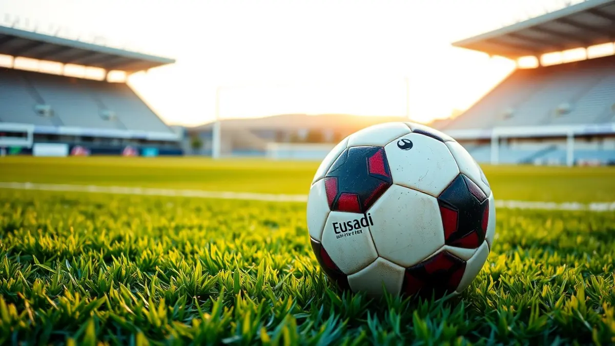 Generic image of a soccer ball on green grass, with the goal net blurred in the background.