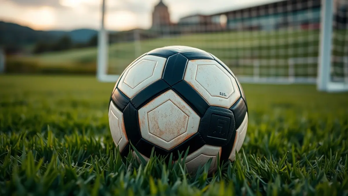 Generic image of a soccer ball on grass, with a blurred goal in the background.