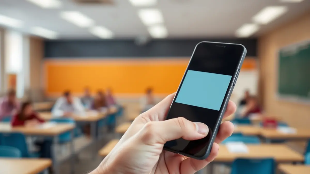 Imagen genérica de una mano sosteniendo un smartphone con un aula difuminada al fondo, representando el aprendizaje remoto y la tecnología para la conciliación.