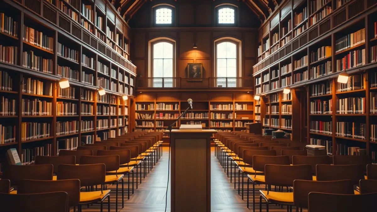 Irudi generikoa: Liburutegi baten barrualdea, mikrofono bat eta aulki hutsak dituen podium txiki batekin.