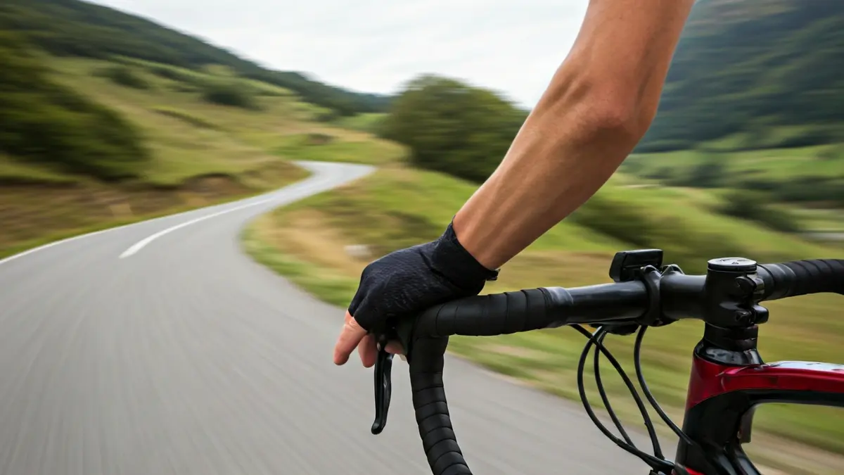 Generic image of a cyclist's hand on handlebars during a race.