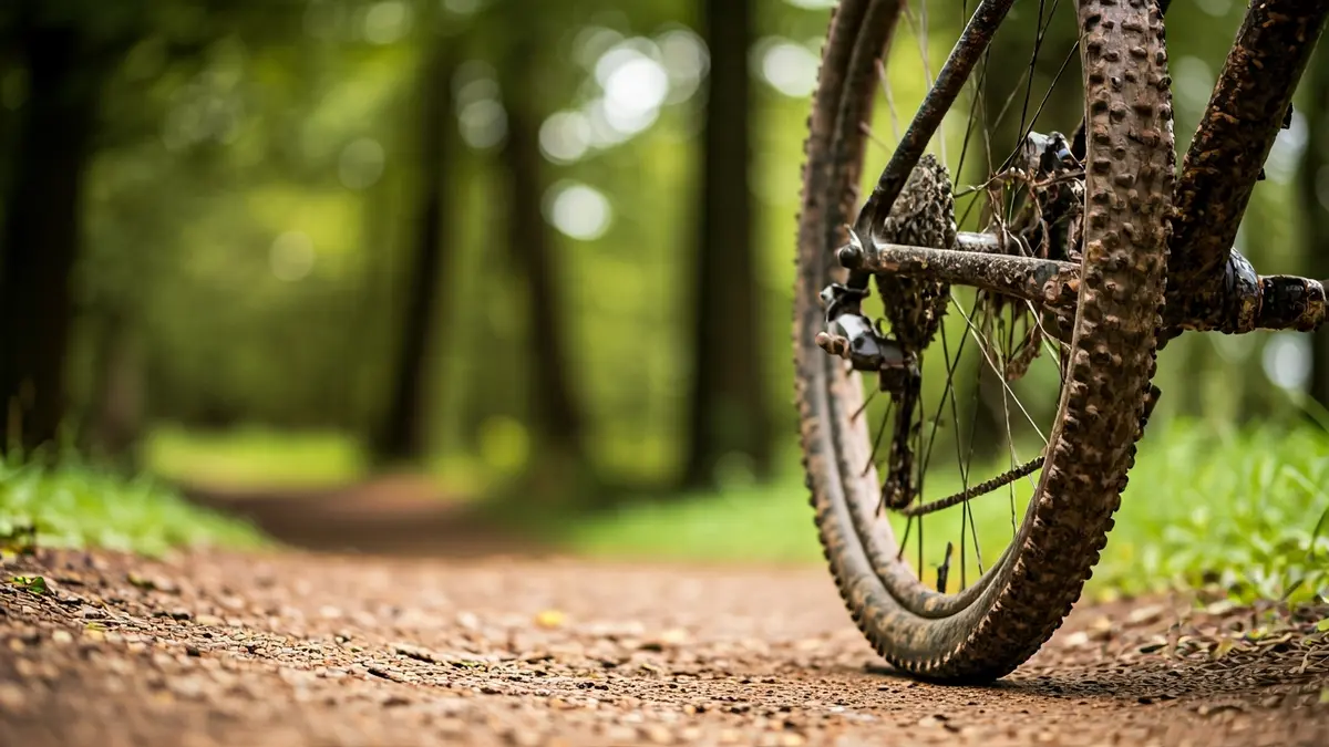 Mendiko bizikleta baten gurpila lokatzetan, baso berdea atzealdean.