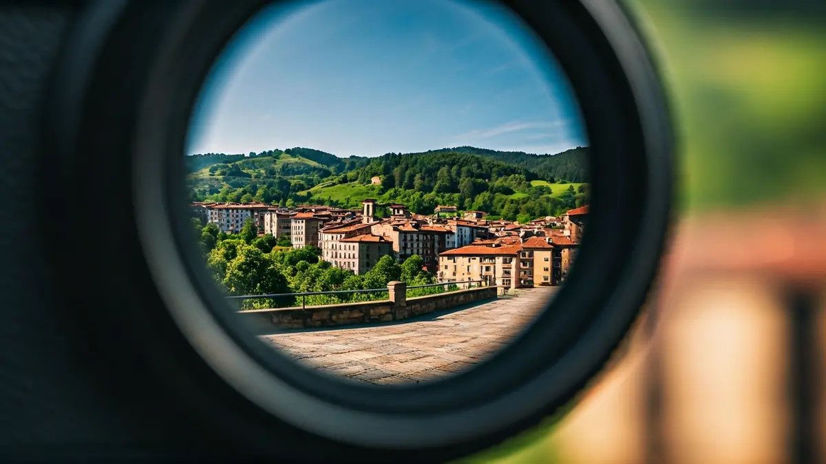 Irudi generikoa kamera baten lentearen hurbileko plano bat, atzealdean euskal herri baten hiri-paisaia lausoa duena.