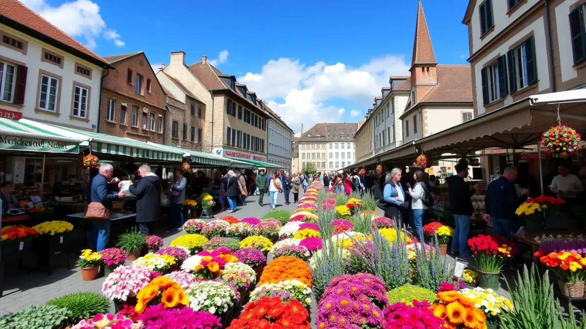 Lore eta landareen azoka bat, kolore biziz beteta, udaberriko giroan.