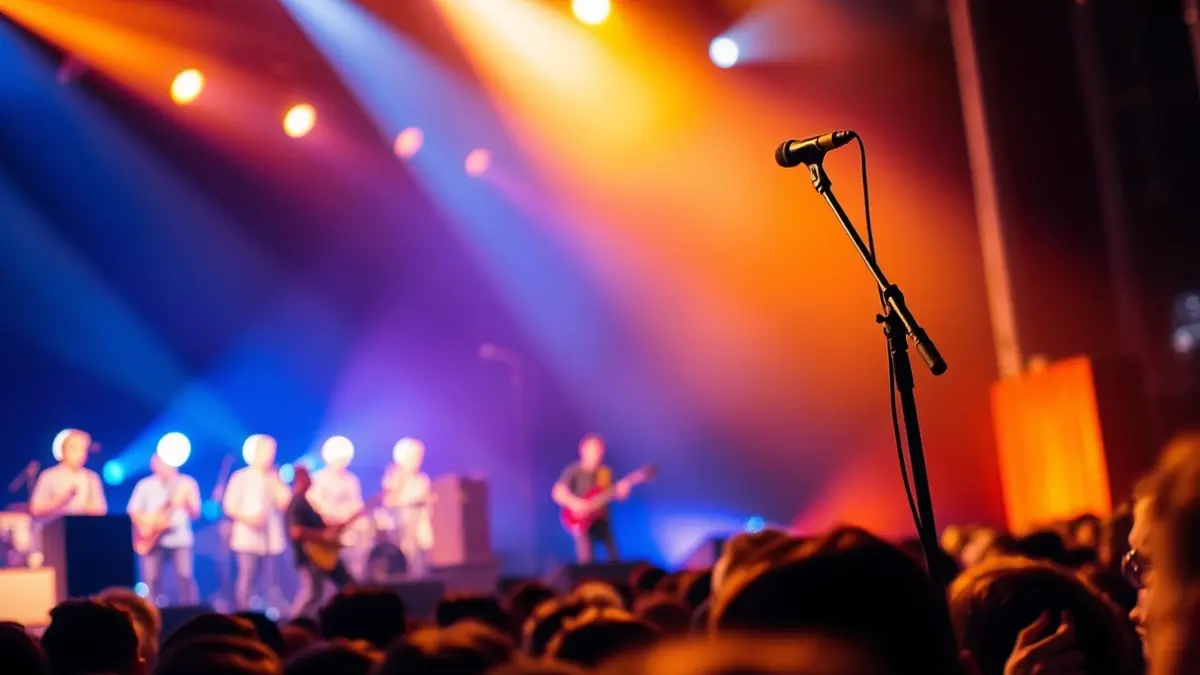 Imagen genérica de un escenario de concierto, con micrófono e instrumentos musicales.
