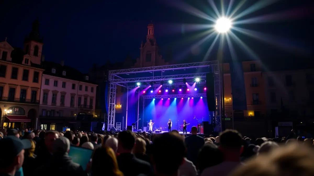 Imagen genérica de un escenario de concierto en una plaza de pueblo por la noche, con luces brillantes.