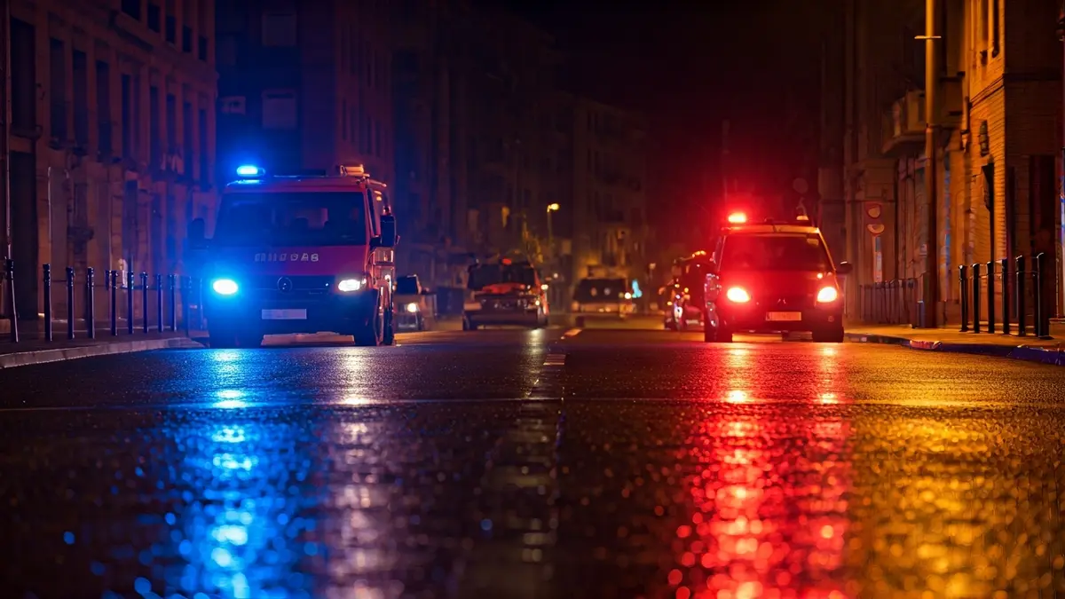 Generic image of emergency lights reflecting on wet asphalt at night, in a Basque urban setting.