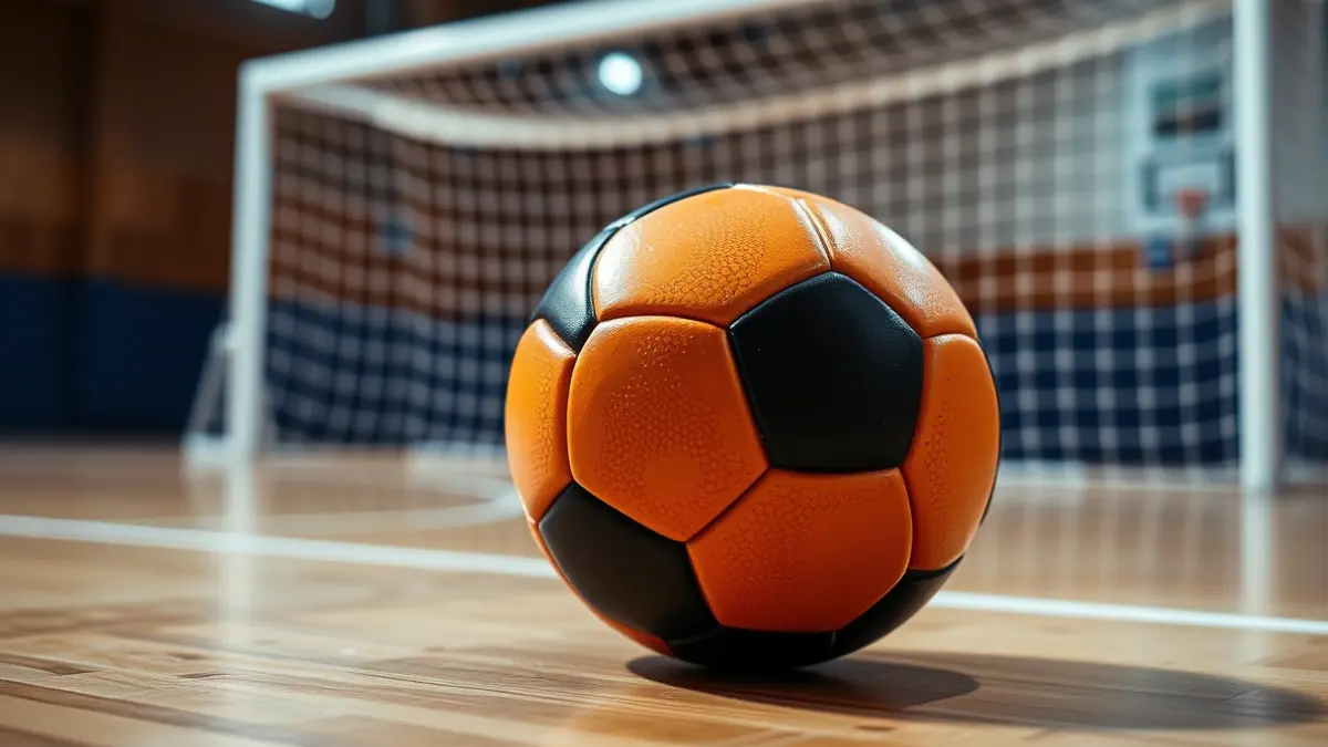 Generic image of a futsal ball on a wooden court.