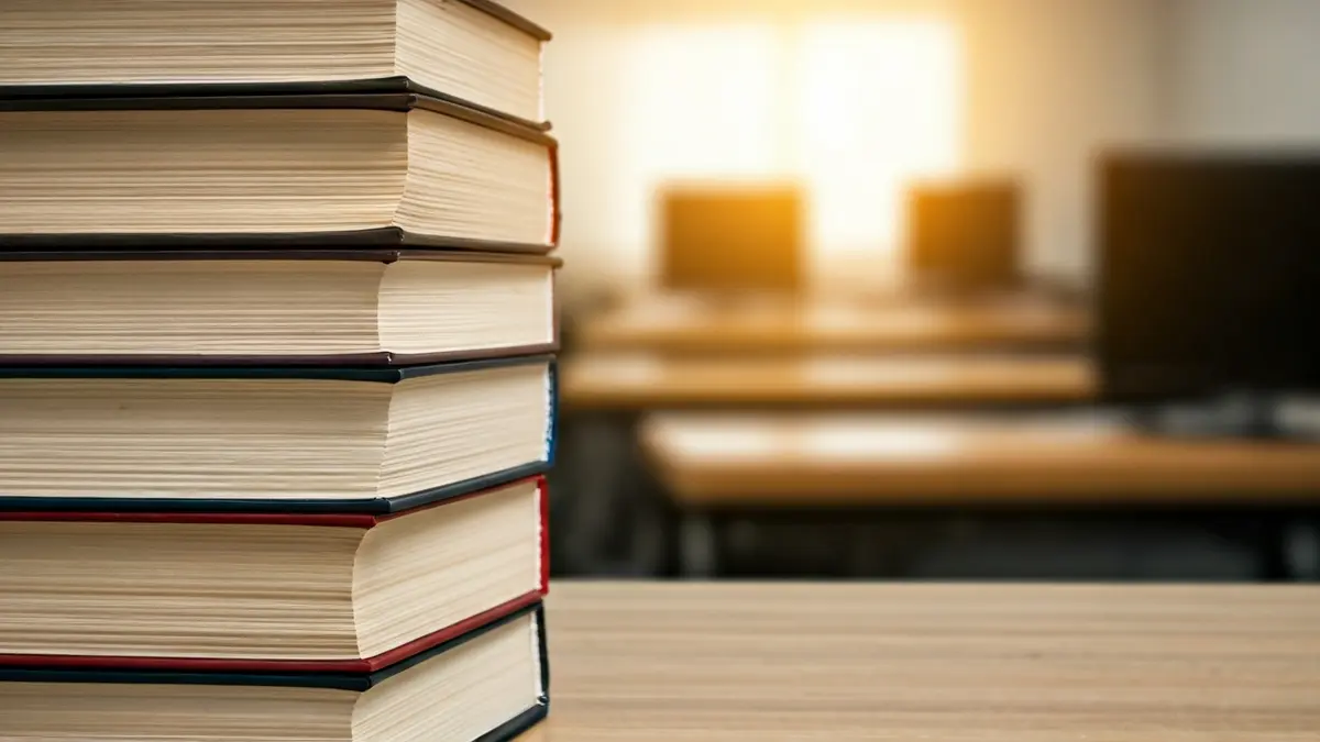 Liburu akademikoen pila baten irudi generikoa, hezkuntza eta ikaskuntza irudikatzen duena.