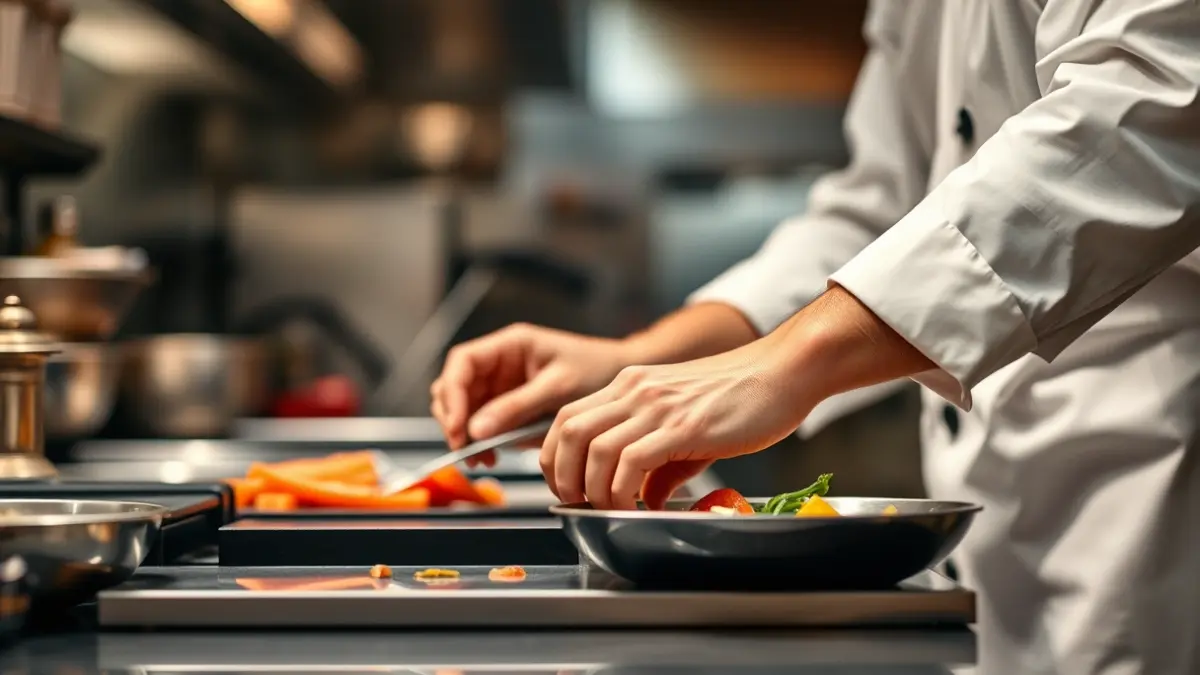 A chef's hands preparing food in a modern kitchen.