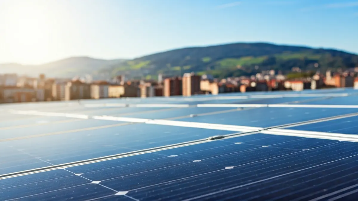 Eguzki-panelak teilatu batean, atzealdean Euskadiko hiri-paisaia lausoa duela, energia berriztagarriak eta iraunkortasuna azpimarratuz.