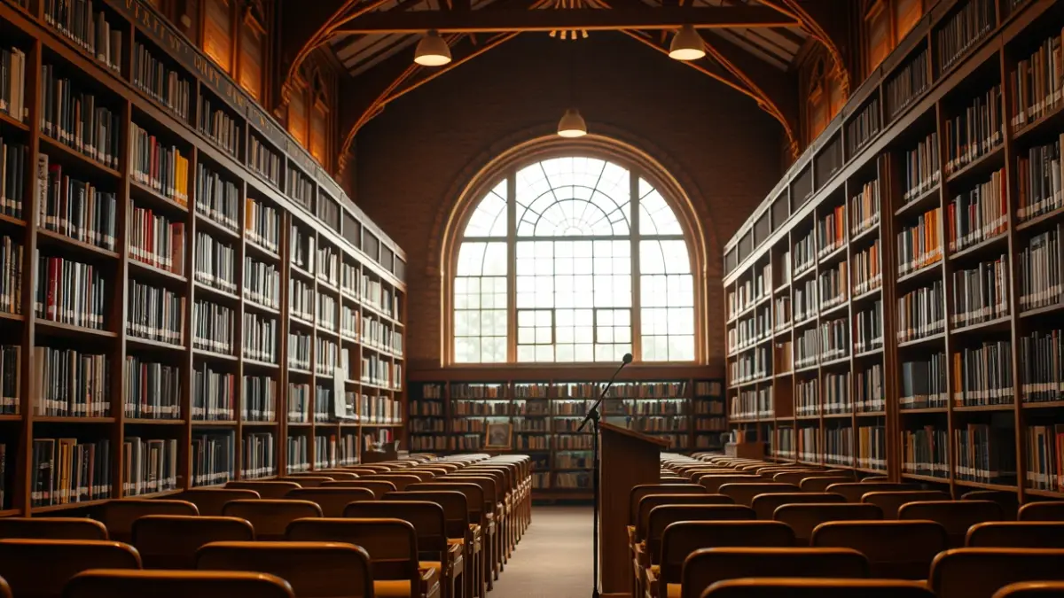 Irudi generikoa: mikrofono bat agertokian, liburutegi batean