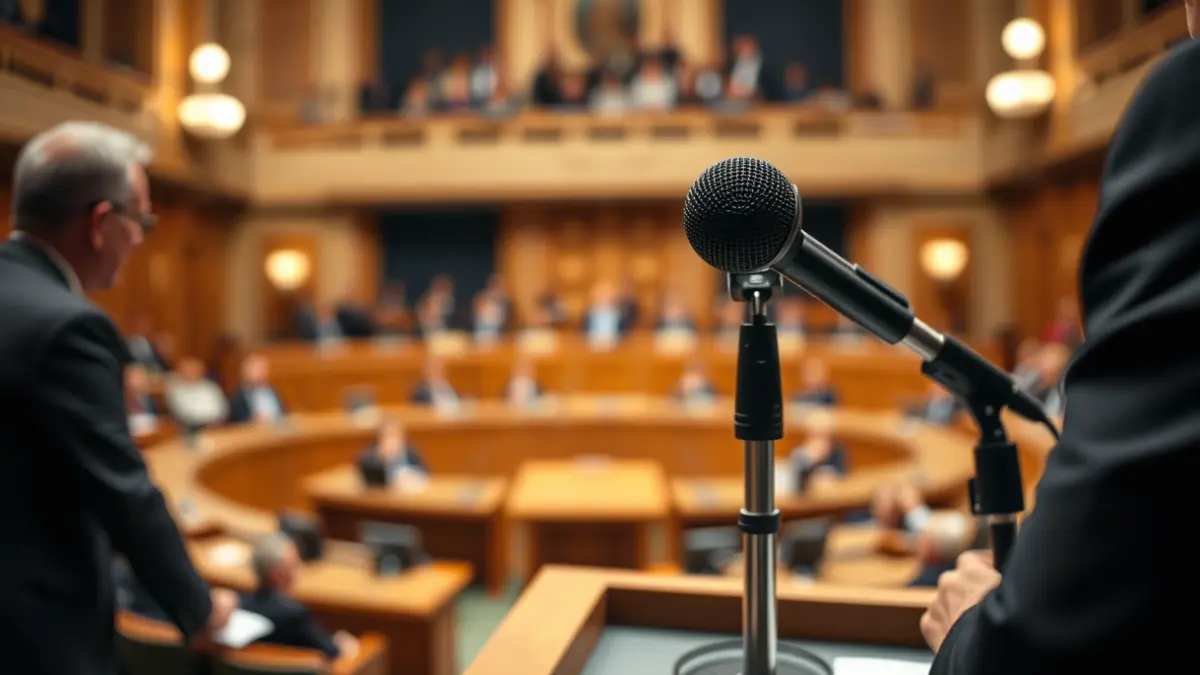 Generic image of a microphone in a municipal hall, representing a political debate.