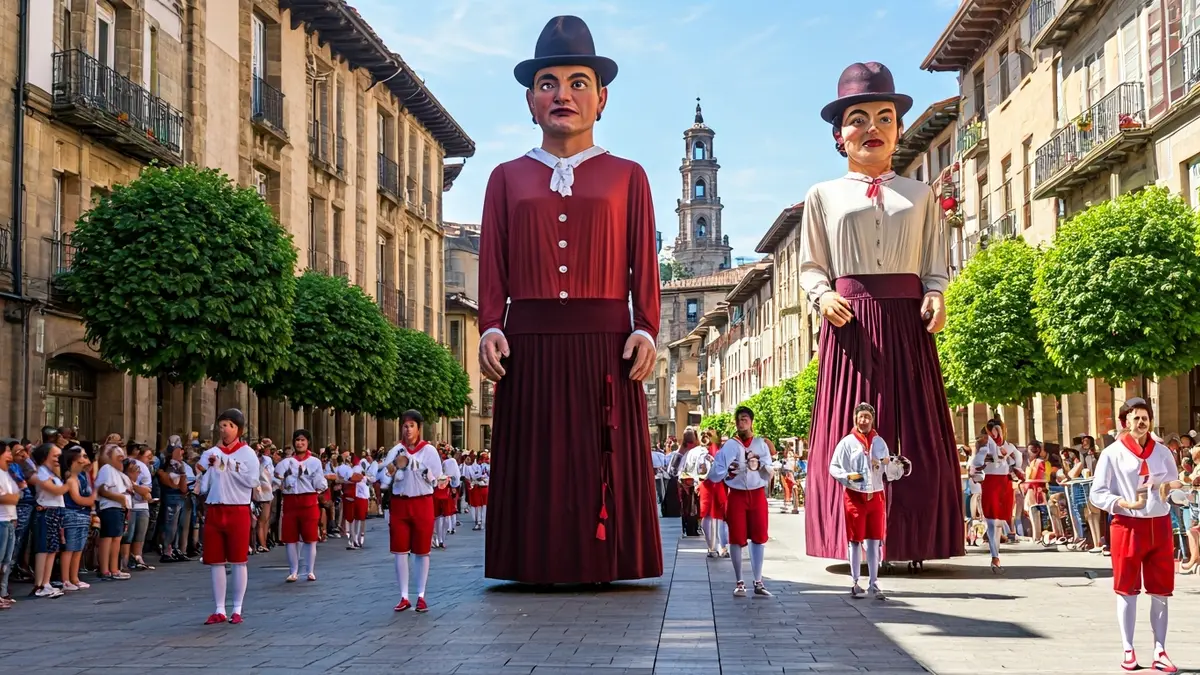 Image of giants and dancers parading through the streets of Lazkao, in a festive atmosphere.
