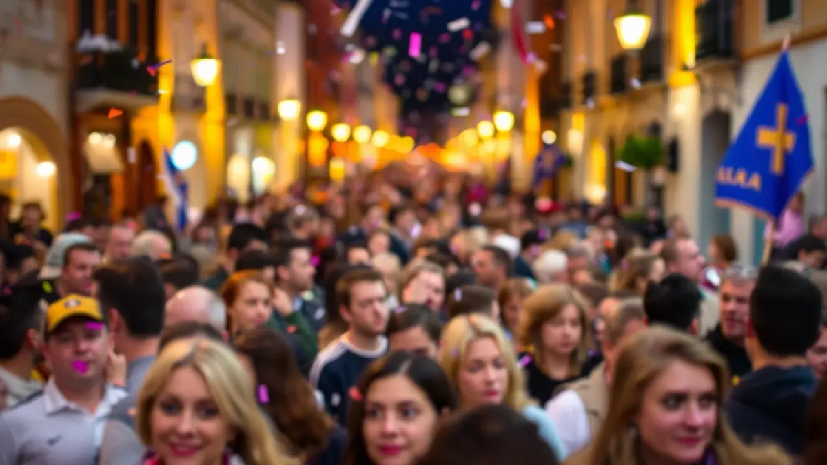 Generic image of a blurred crowd in a festive atmosphere, with confetti and warm streetlights.