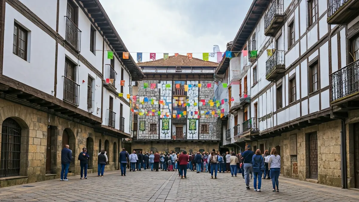 Lazkaoko jaietako giroa, banderekin eta jendearekin