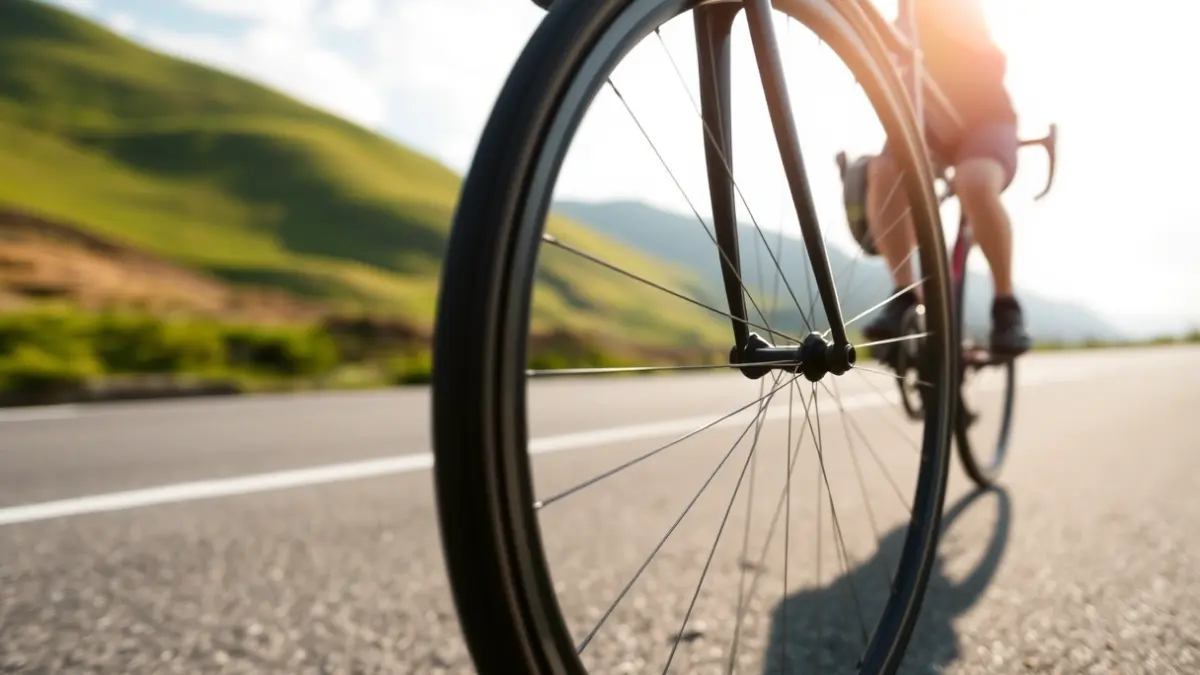 Imagen genérica de la rueda de una bicicleta en una carrera ciclista, con el paisaje verde de Lazkaomendi al fondo.