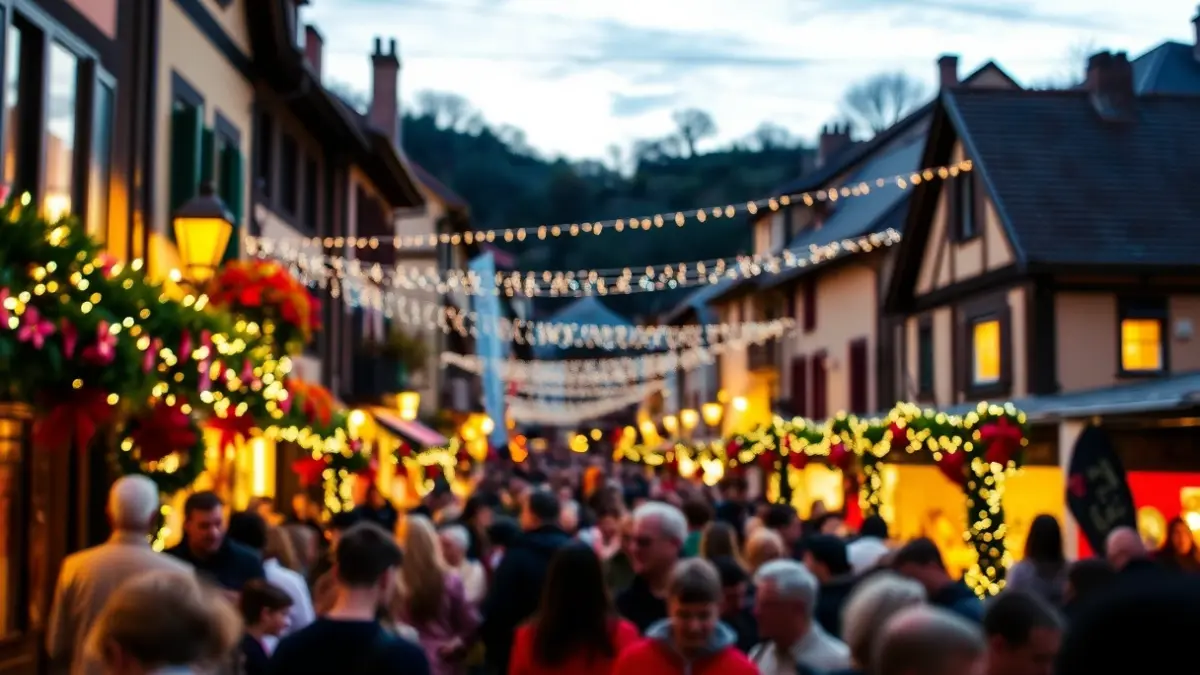 Generic image of a festive street in a Basque town, with crowds and colorful lights.
