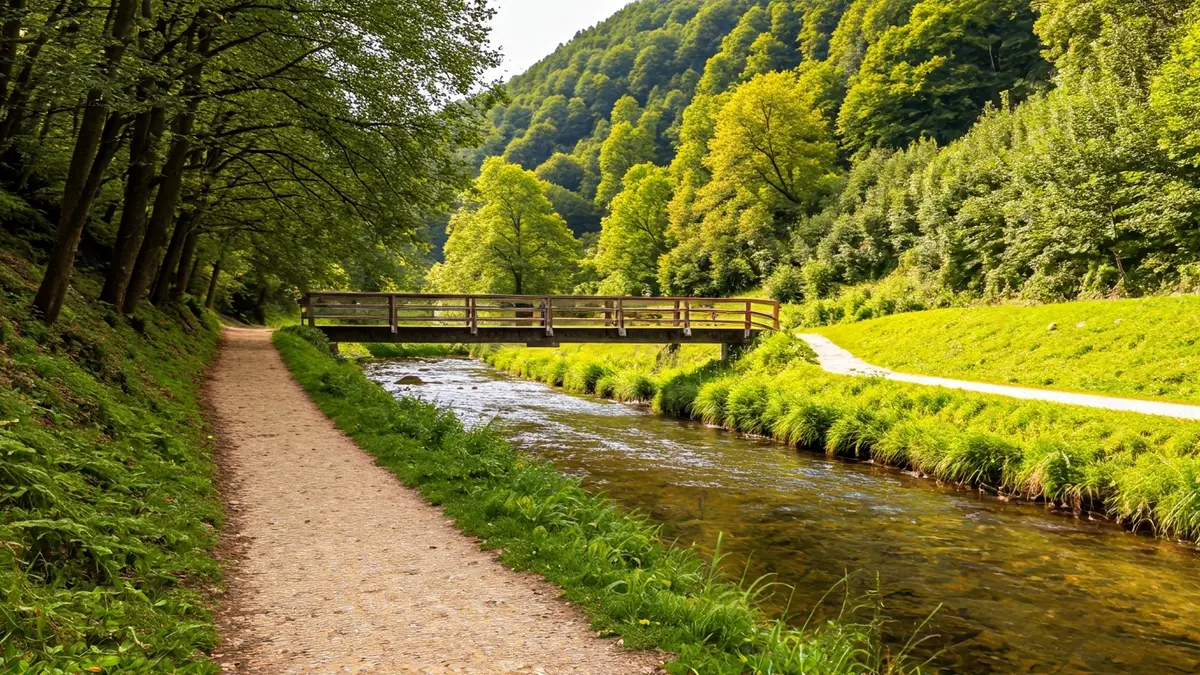Lea ibaiaren ondoan dagoen bide natural berreskuratu baten irudi generikoa, egurrezko pasabideekin.