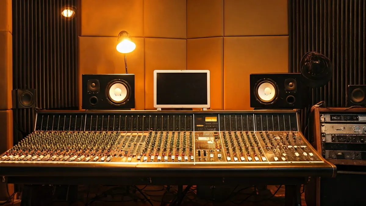 Generic image of a recording studio interior, with soundproofing panels and a mixing console.