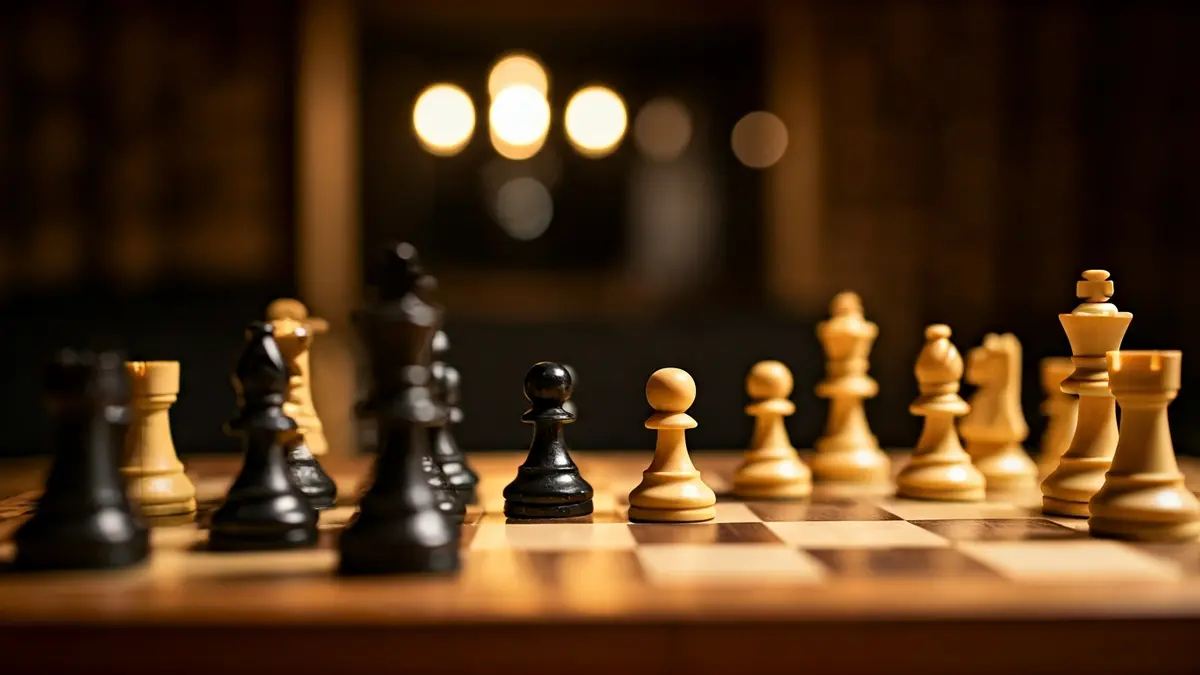 Generic image of a chessboard with pieces mid-game, in a concentrated atmosphere.