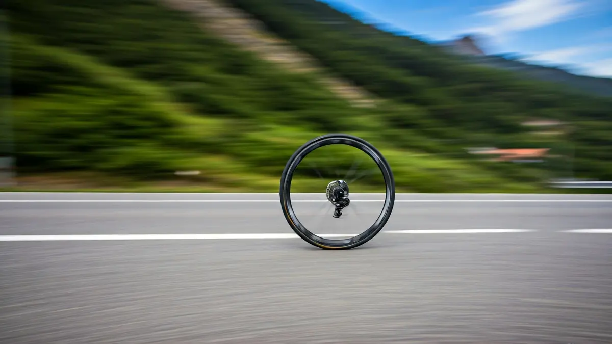 Txirrindularitza lasterketa bateko gurpil baten irudi generikoa, atzealdean Euskadiko mendiak.