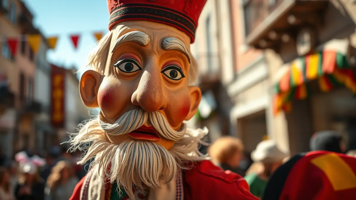 Member of the Legazpi giants' troupe with a giant.
