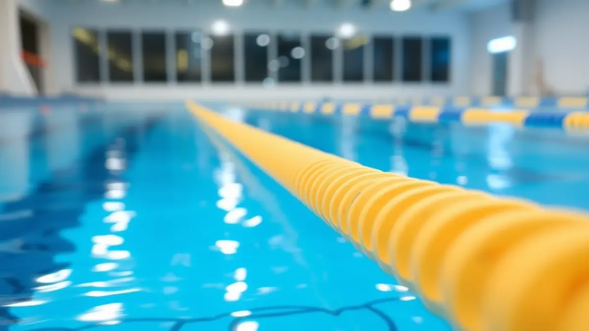 Generic image of a close-up of clear swimming pool water with lane lines.