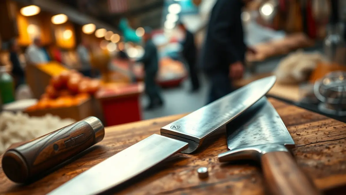Imagen genérica de cuchillos de carnicero y pescadero sobre una tabla de madera, con puestos de mercado difuminados al fondo.