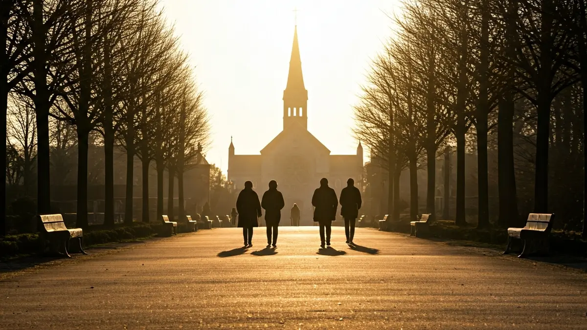 Imagen genérica de un camino de peregrinación, con luz solar y un santuario distante.