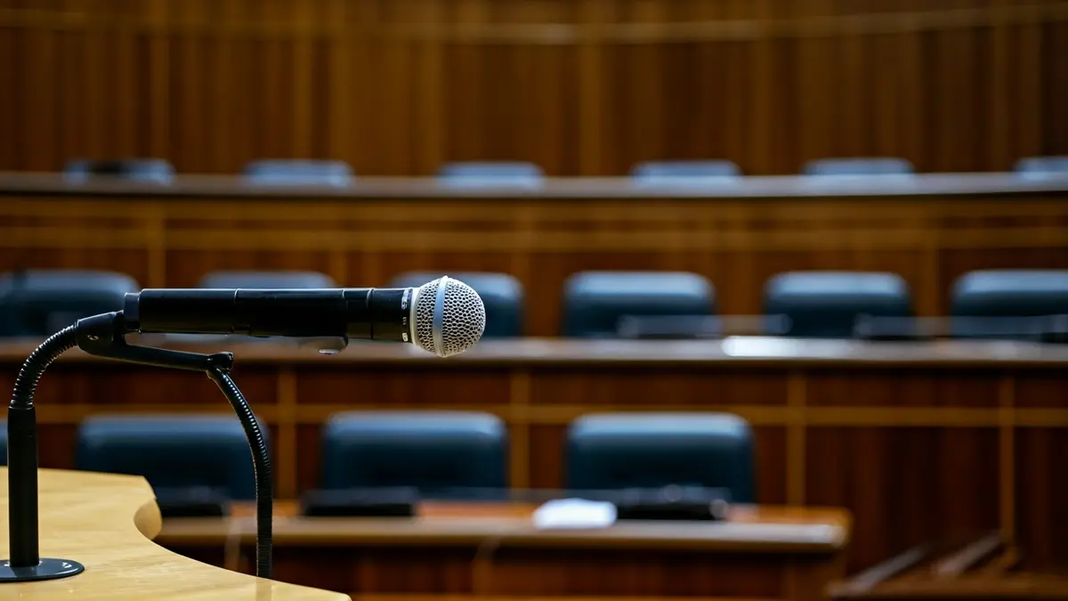 Generic image of a microphone on a podium in an assembly hall, symbolizing a legislative debate.