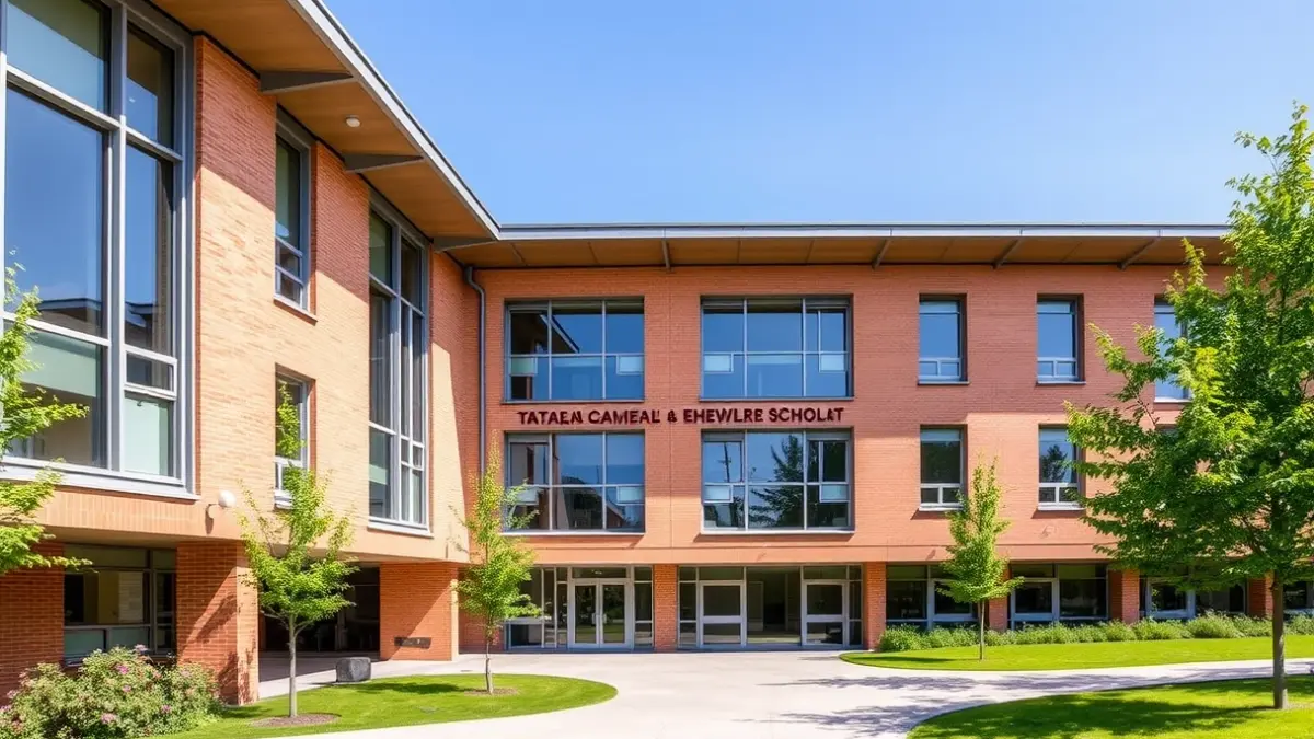 Legutioko CEIP Garazi ikastetxe berritua, fatxada modernoarekin eta ingurune berdeekin.