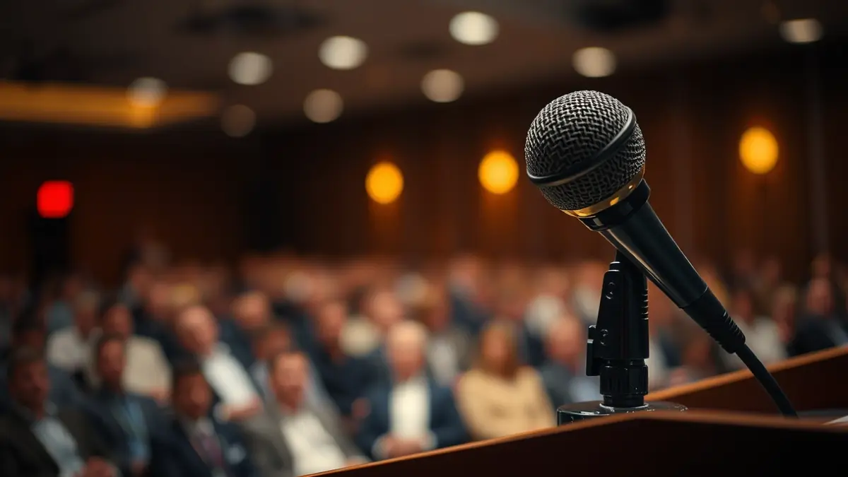 Generic image of a microphone in a conference room.
