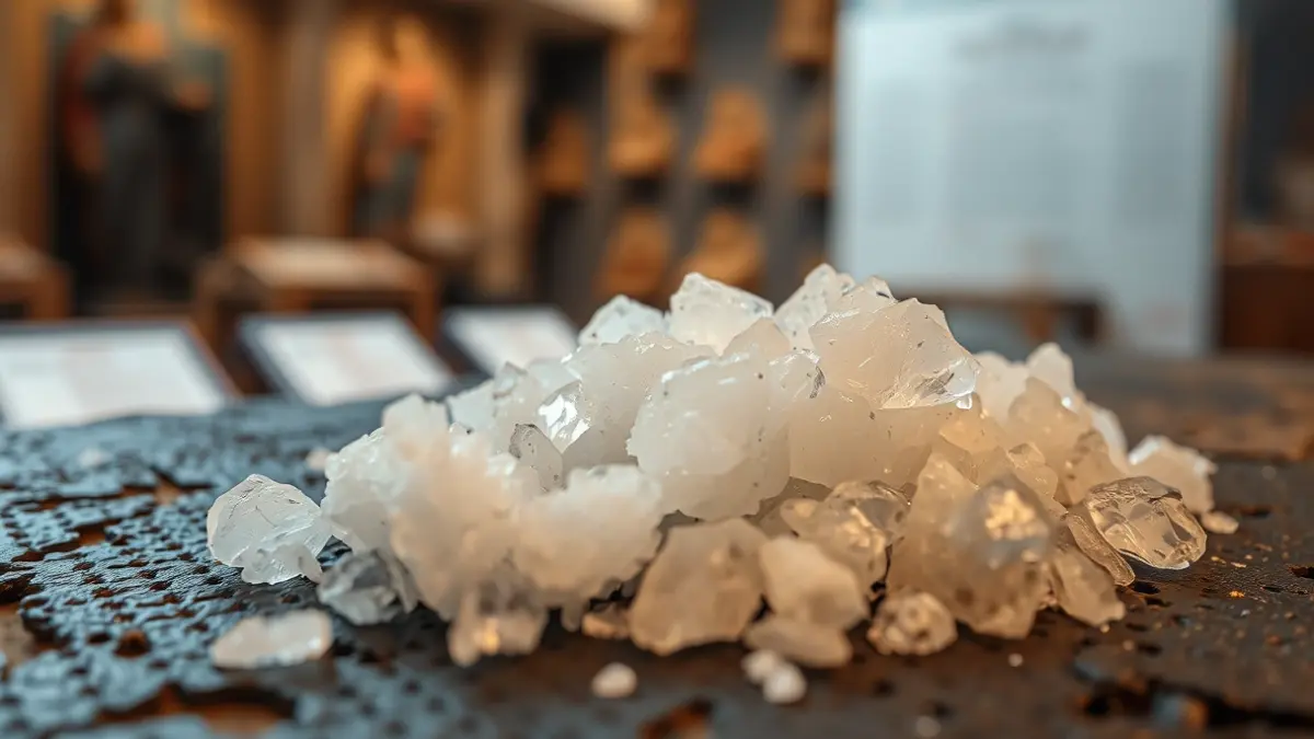 Generic image of salt crystals on a dark, textured surface, with a blurred background suggesting a museum or historical exhibit.