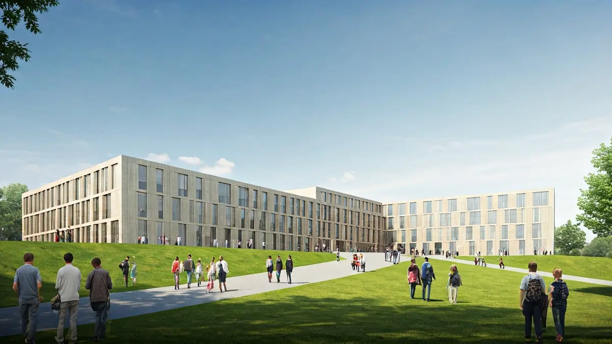 Architectural image of the new IES Barandiaran in Leioa, with modern design integrated into a green environment.