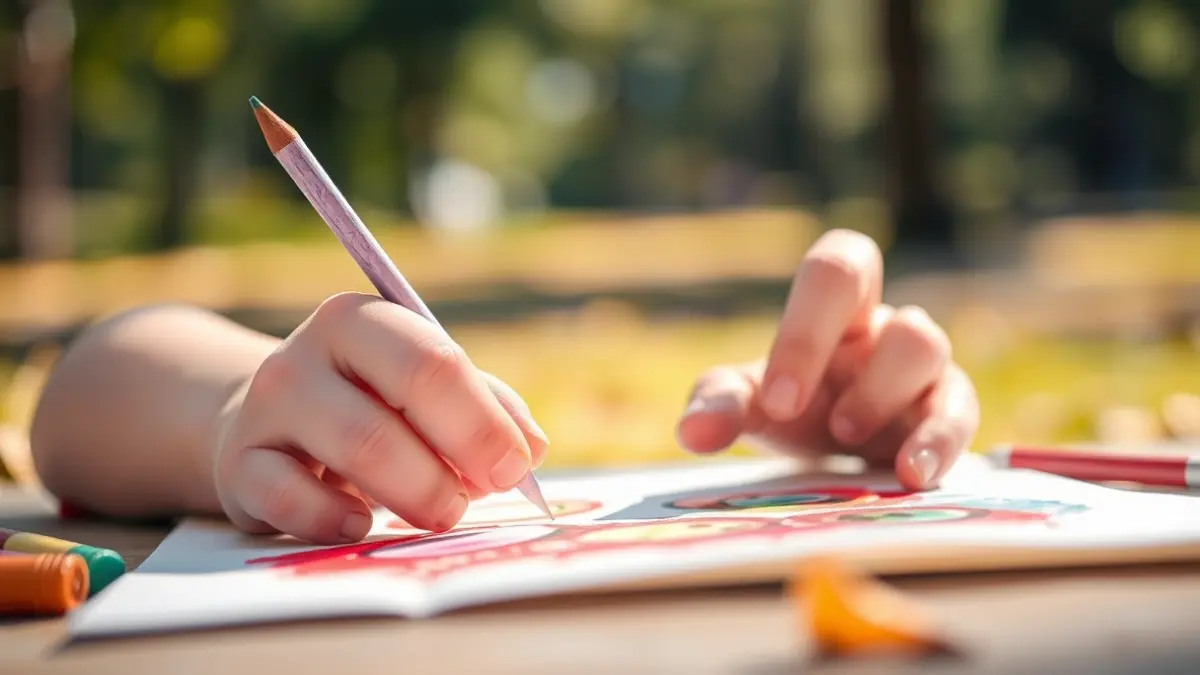 Children's hands painting colorful eyes, with a blurred natural park background, cheerful and bright atmosphere.