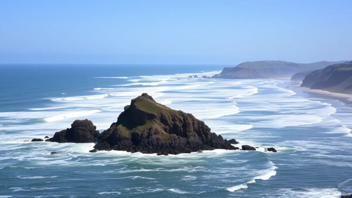 Lekeitioko kostaldeko irudi generikoa, Garraitz uhartea atzealdean duela.